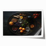 Rolled canvas print depicting a variety of fruits in vibrant colors, ideal for dining room wall art.