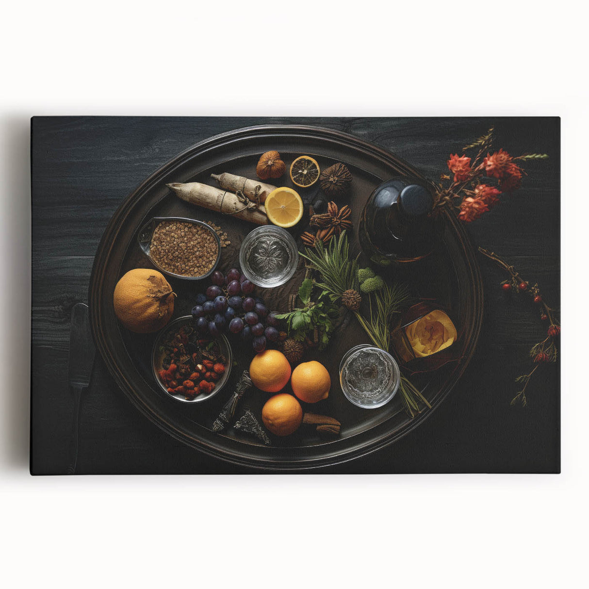 Black and white large art print of assorted fruits on stretched canvas, suitable for kitchen wall decor.