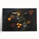 Large black and white stretched canvas featuring assorted fruits, ideal for kitchen wall art.
