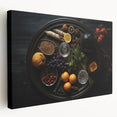 A large canvas print featuring a variety of colorful fruits, ideal for kitchen wall art.