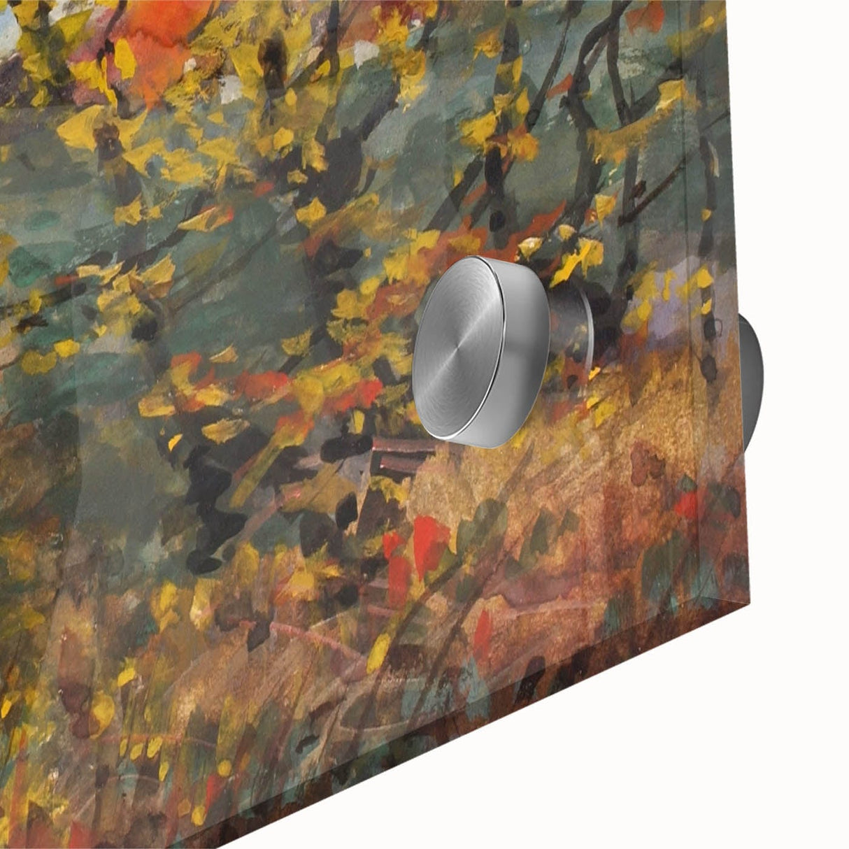 Large abstract wall art in warm autumn hues on acrylic glass, ideal for dining room ambiance.