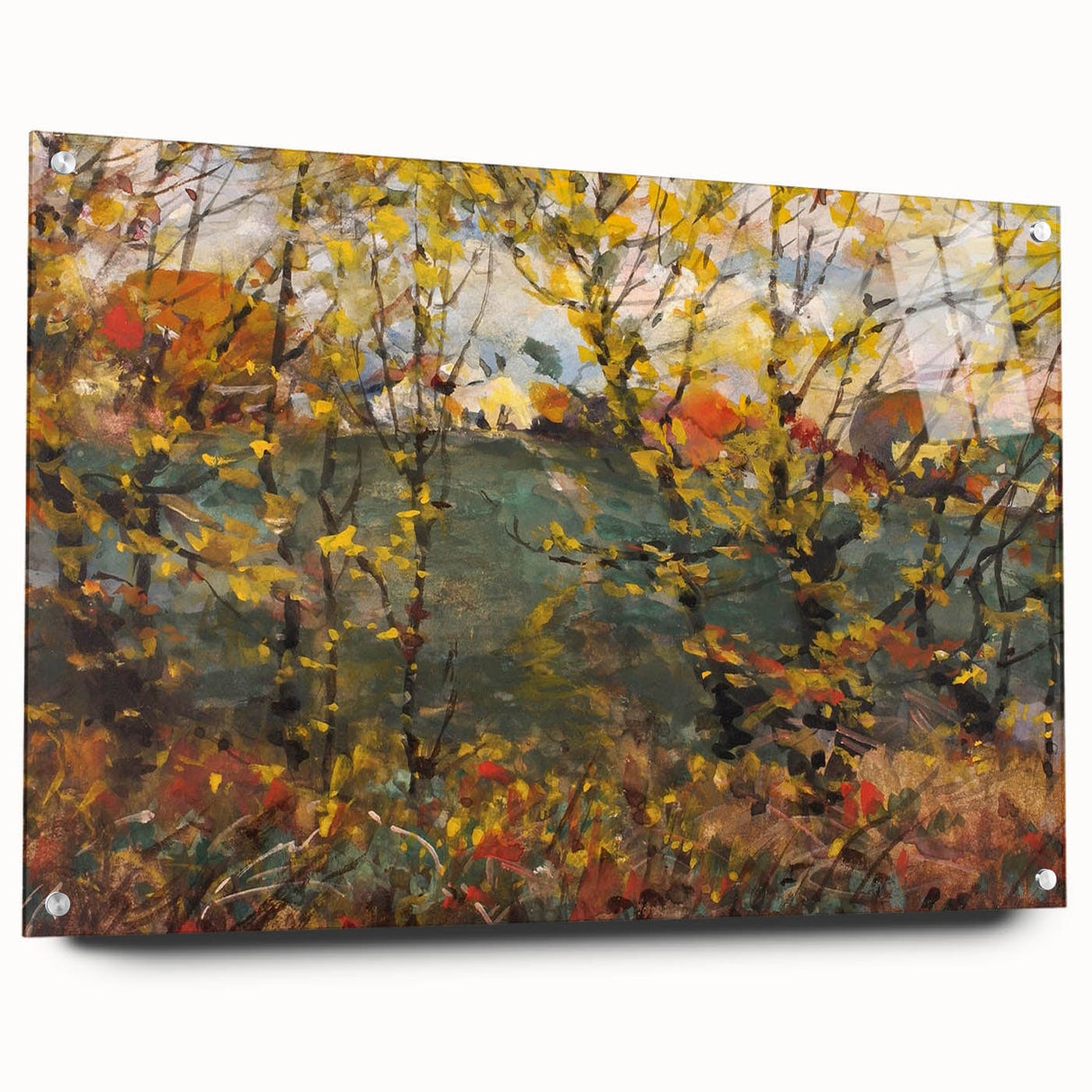 Large abstract wall art on acrylic glass, featuring swirling autumn colors, suitable for bedroom or dining room decor.