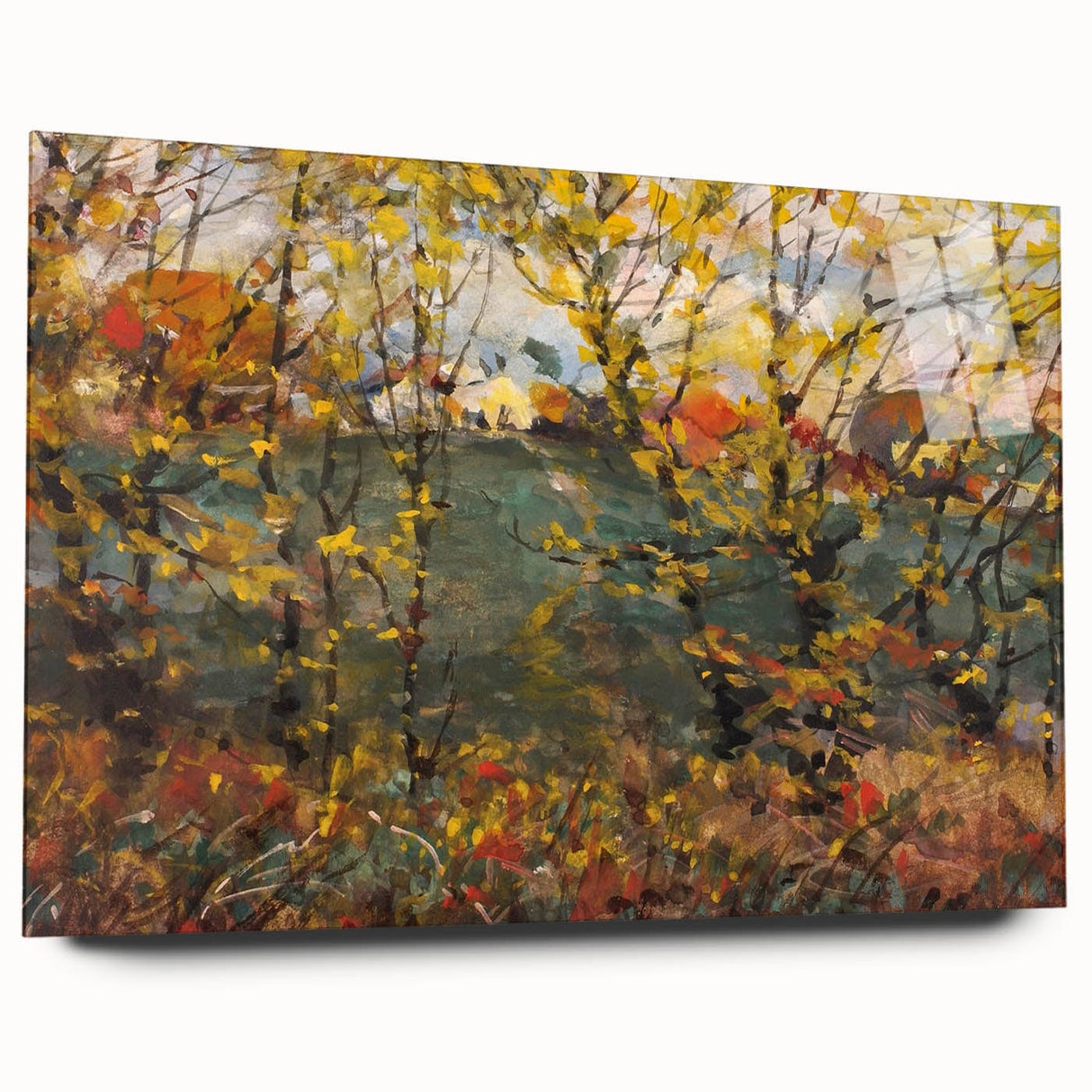 Large abstract wall art on acrylic glass depicting swirling autumn hues, ideal for bedroom or dining room decor.