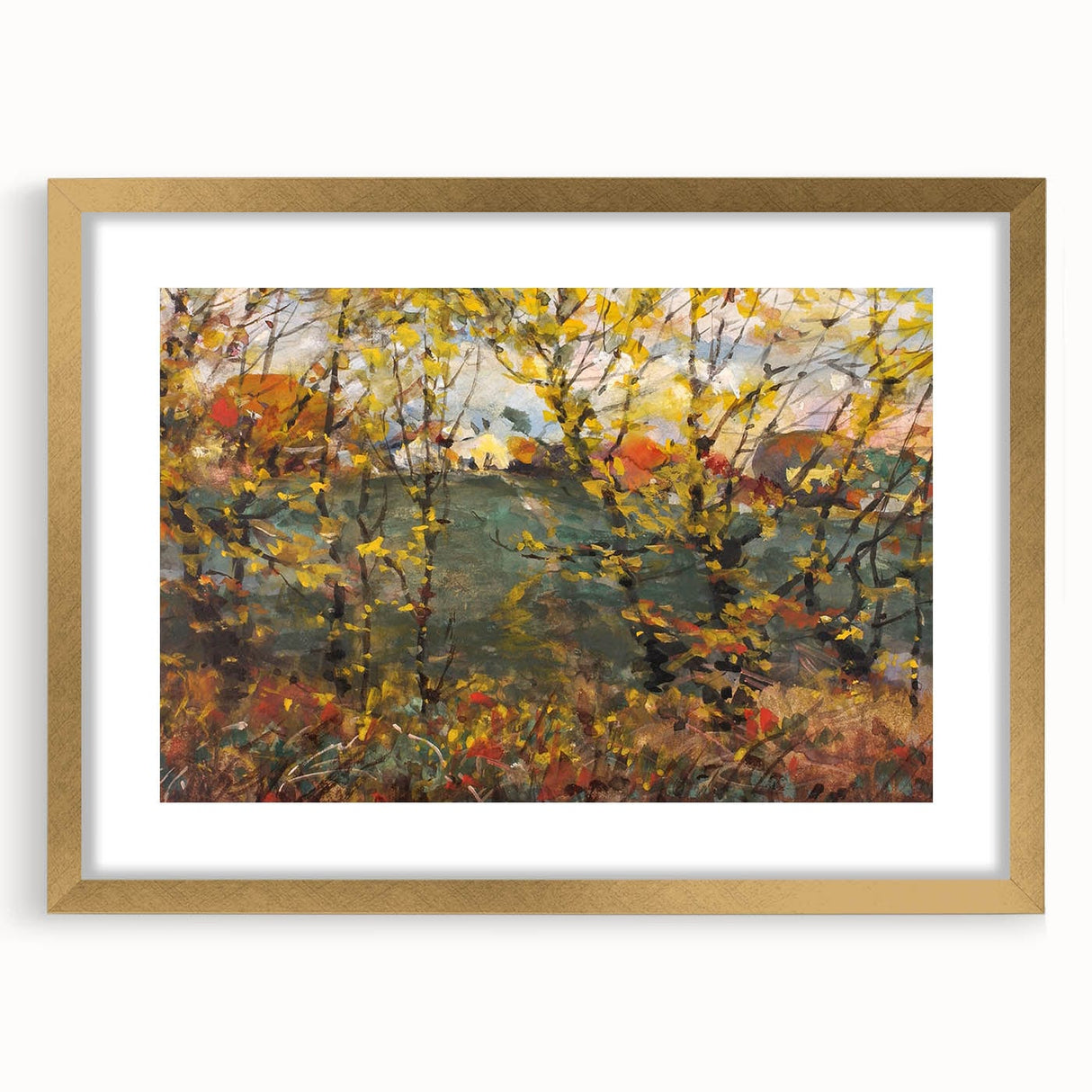 Extra large abstract art print featuring textured fall hues in a gold frame, ideal for living room decor.