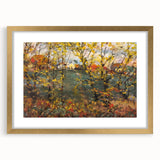 Extra large abstract art print featuring textured fall hues in a gold frame, ideal for living room decor.