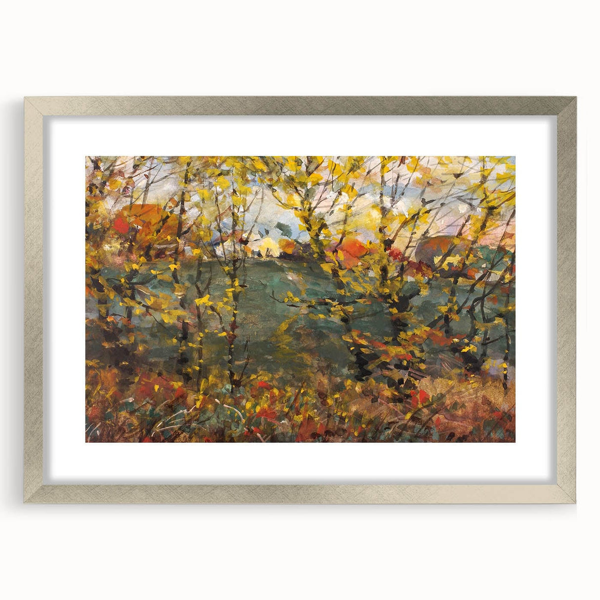 Textured abstract art print in orange and brown tones on a framed canvas, ideal for bedroom wall decor.