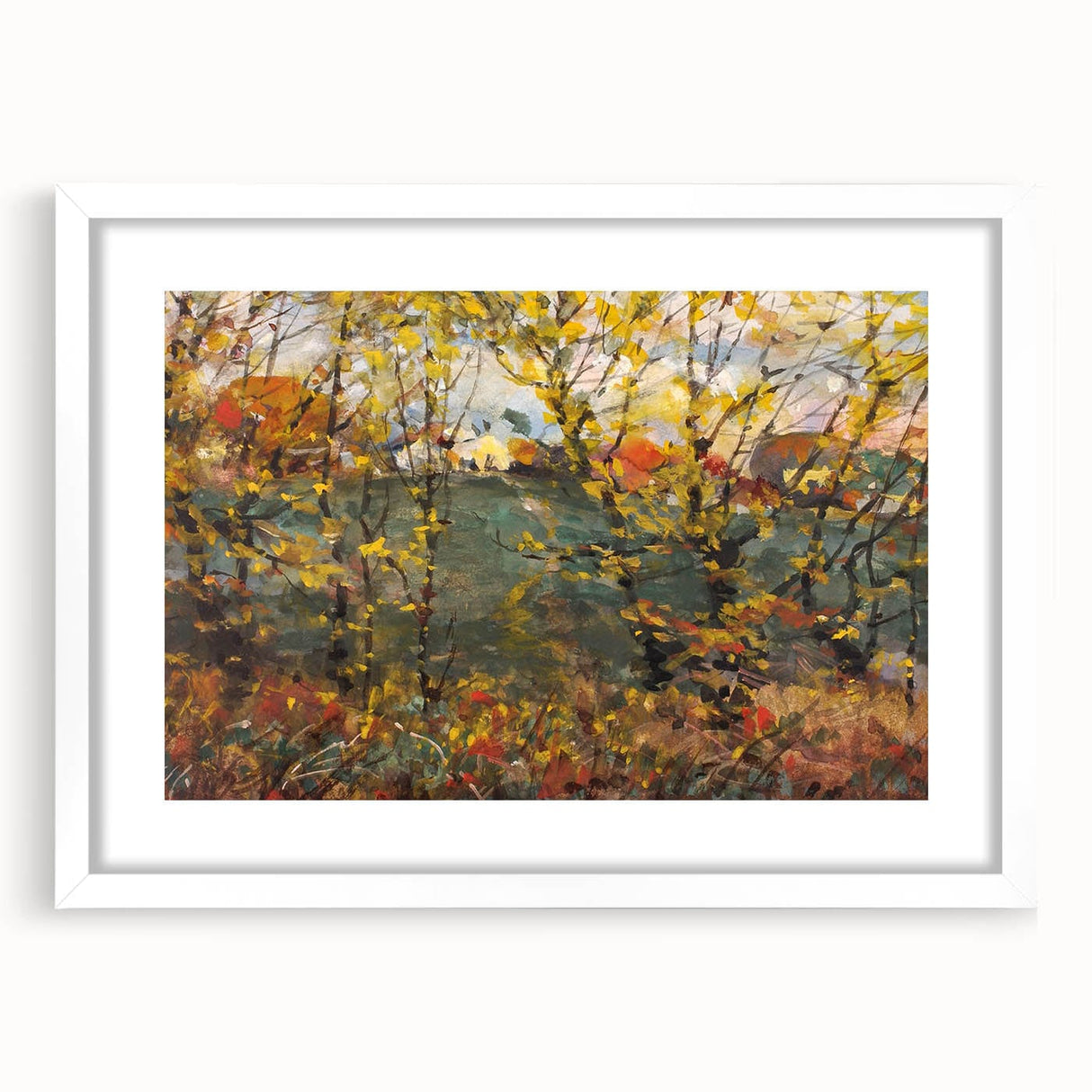 Abstract art print featuring swirling autumn hues on a framed white mat, ideal for dining room decor.