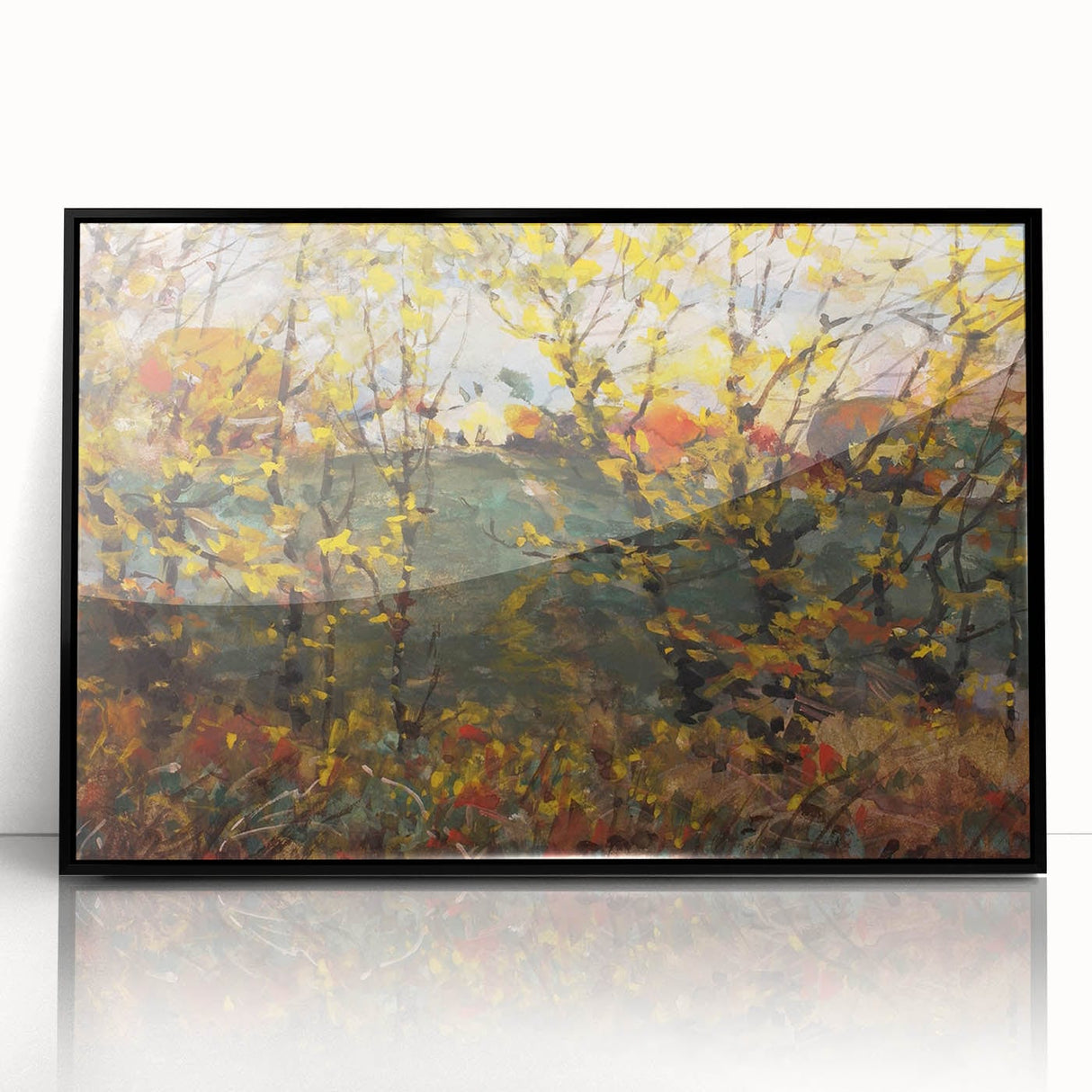 Large abstract wall art featuring autumnal hues on a black framed acrylic print, ideal for modern living room decor.
