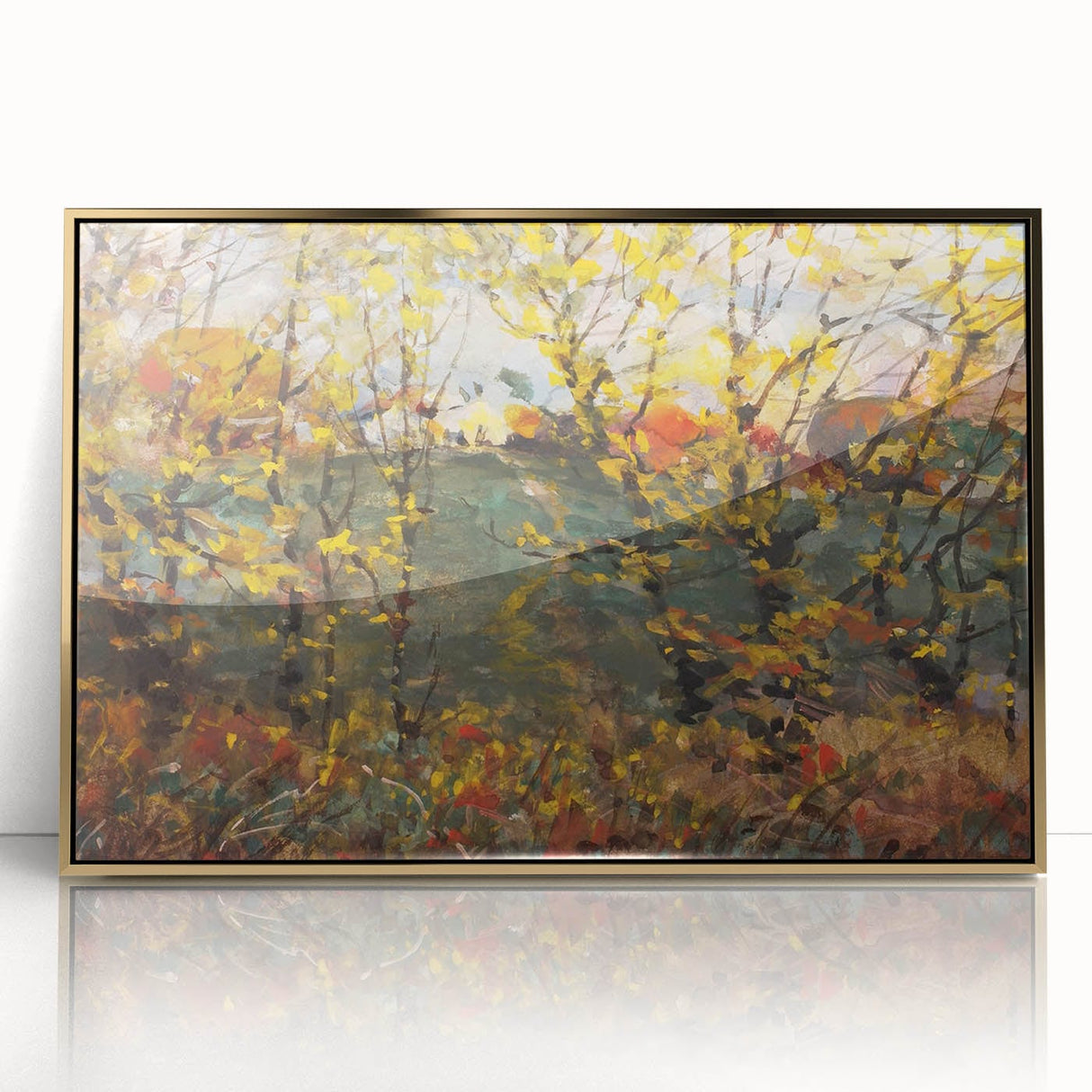 Mid-century modernist acrylic print featuring autumnal trees in earthy tones, framed in gold.