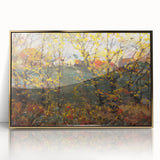 Mid-century modernist acrylic print featuring autumnal trees in earthy tones, framed in gold.