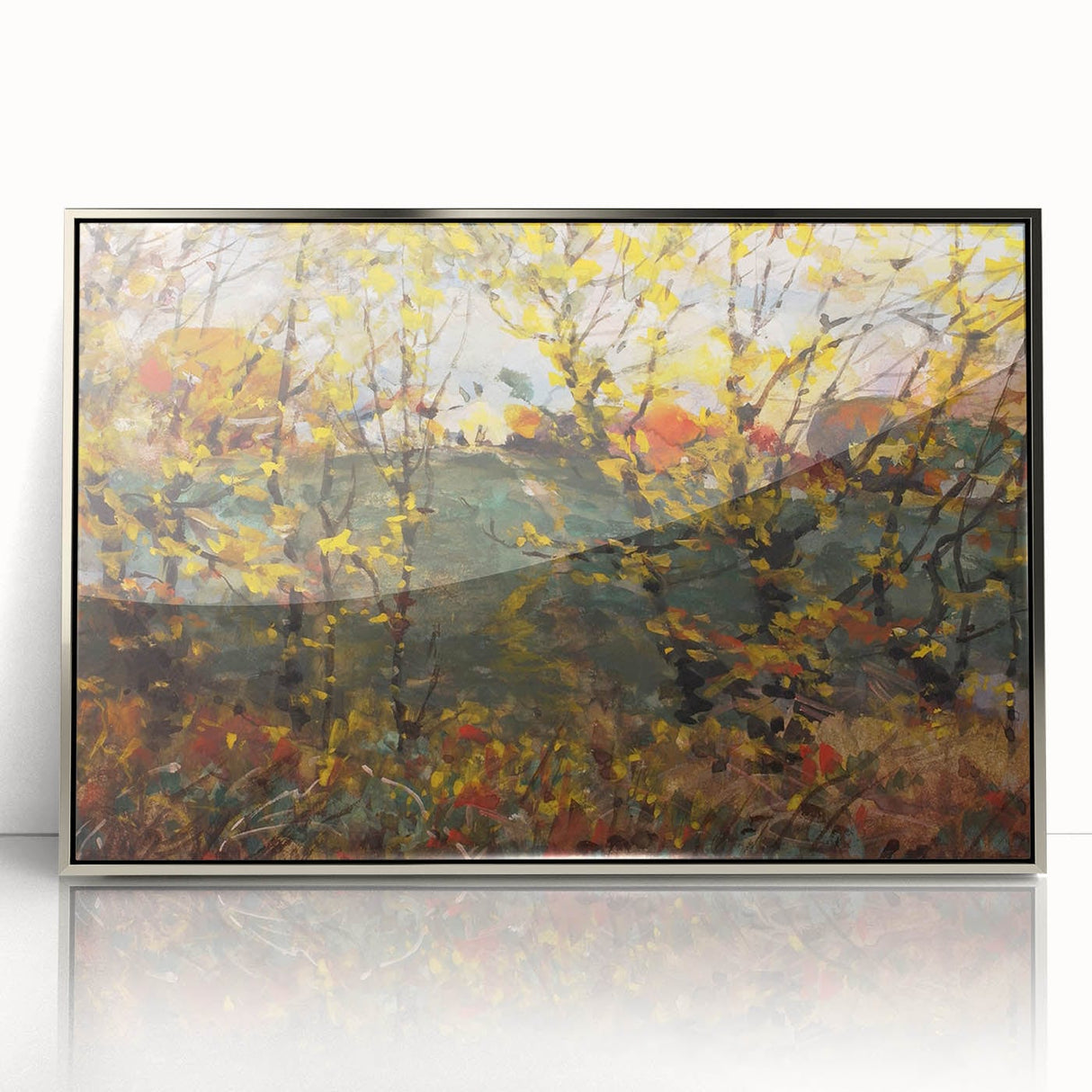 Mid-century modernist art featuring abstract autumn leaves in warm orange and brown tones, framed in silver acrylic.