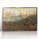 Mid-century modernist art featuring abstract autumn leaves in warm orange and brown tones, framed in silver acrylic.