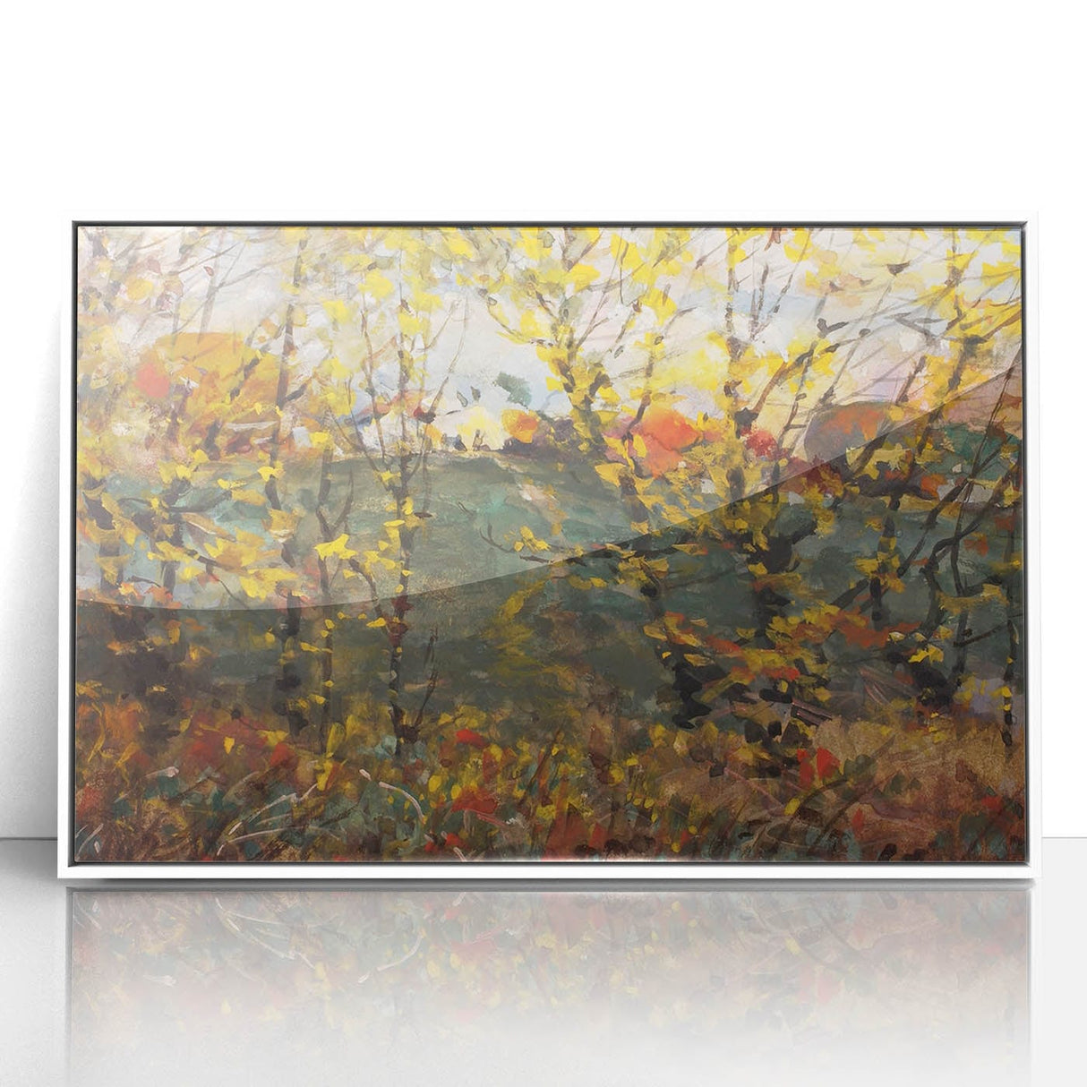 Art deco poster featuring a stylized autumn tree in orange and yellow hues, framed in white acrylic.