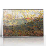 Art deco poster featuring a stylized autumn tree in orange and yellow hues, framed in white acrylic.
