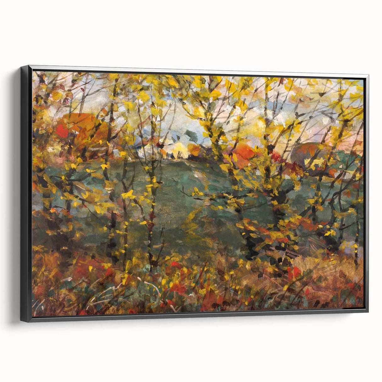 Black and white landscape art painting of autumn trees on framed canvas, ideal for bedroom wall decor.