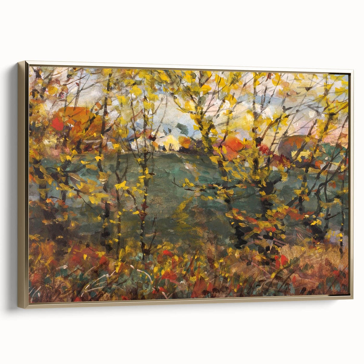 Framed canvas featuring a vintage-style landscape painting of an autumn scene, with gold and black tones.