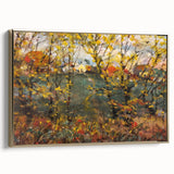 Framed canvas featuring a vintage-style landscape painting of an autumn scene, with gold and black tones.