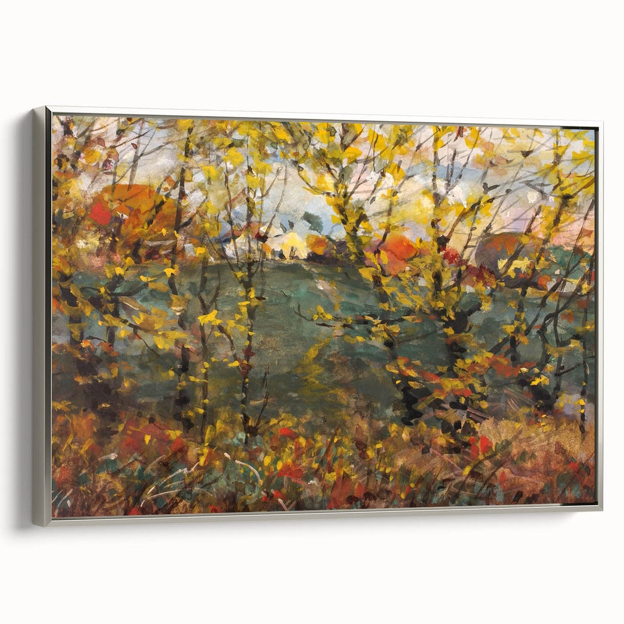 Framed canvas of a vintage-style landscape painting depicting autumn trees, in muted orange and brown tones.