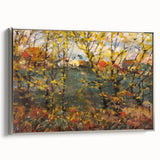 Framed canvas of a vintage-style landscape painting depicting autumn trees, in muted orange and brown tones.