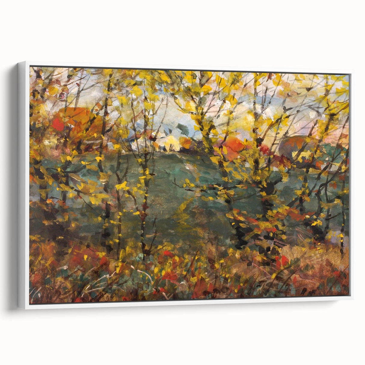 Vintage poster art depicting an autumn scene on a large framed canvas, ideal for living room decor.