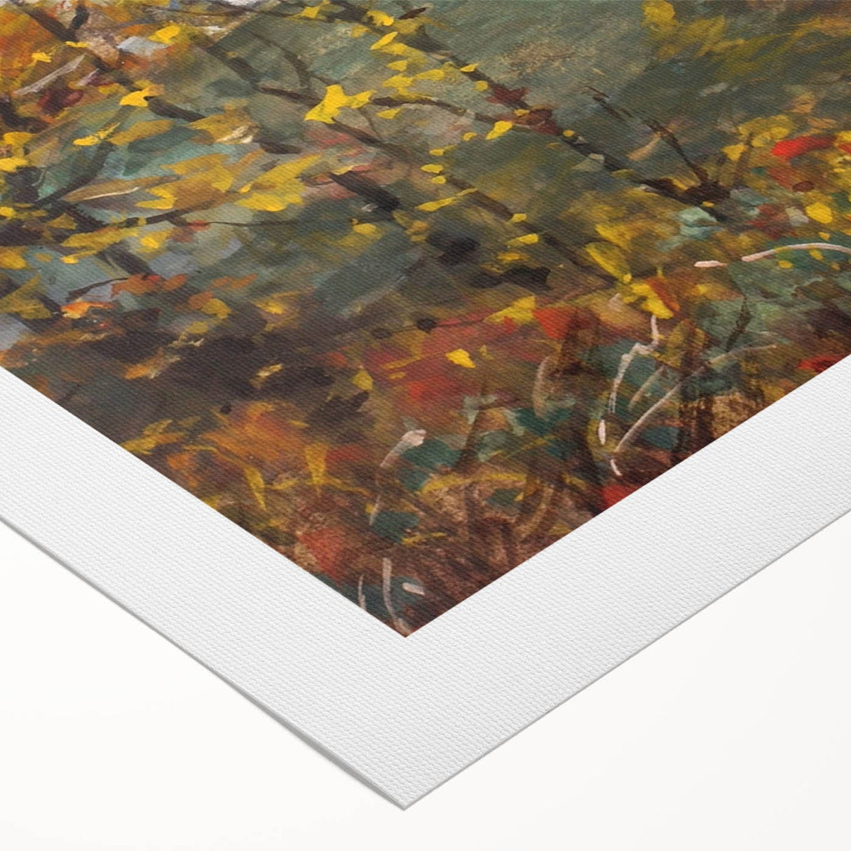 Art deco poster featuring a stylized fall landscape in warm orange and brown tones on rolled canvas.