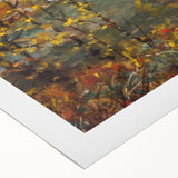 Art deco poster featuring a stylized fall landscape in warm orange and brown tones on rolled canvas.