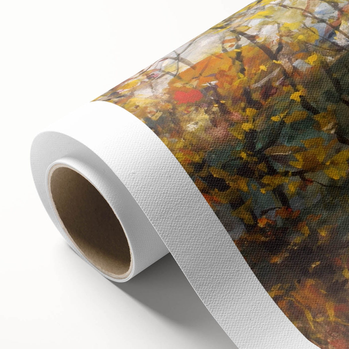 Art Deco style poster featuring autumnal trees in orange and yellow tones on rolled canvas.