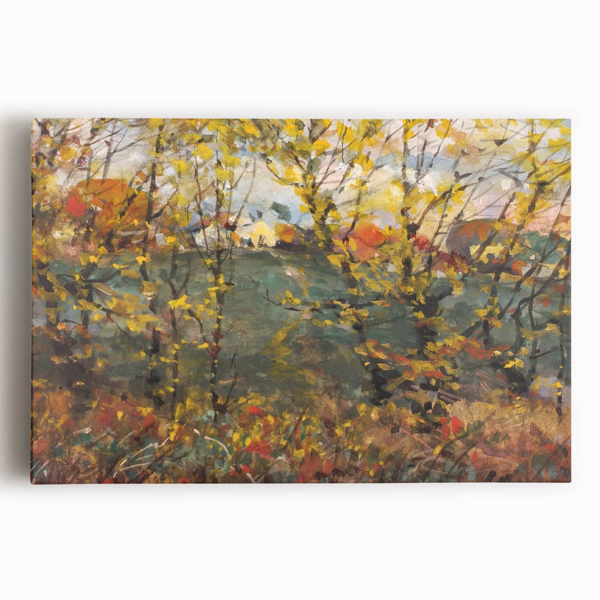 Black and white stretched canvas featuring a large abstract depiction of fall trees, ideal for kitchen wall art.