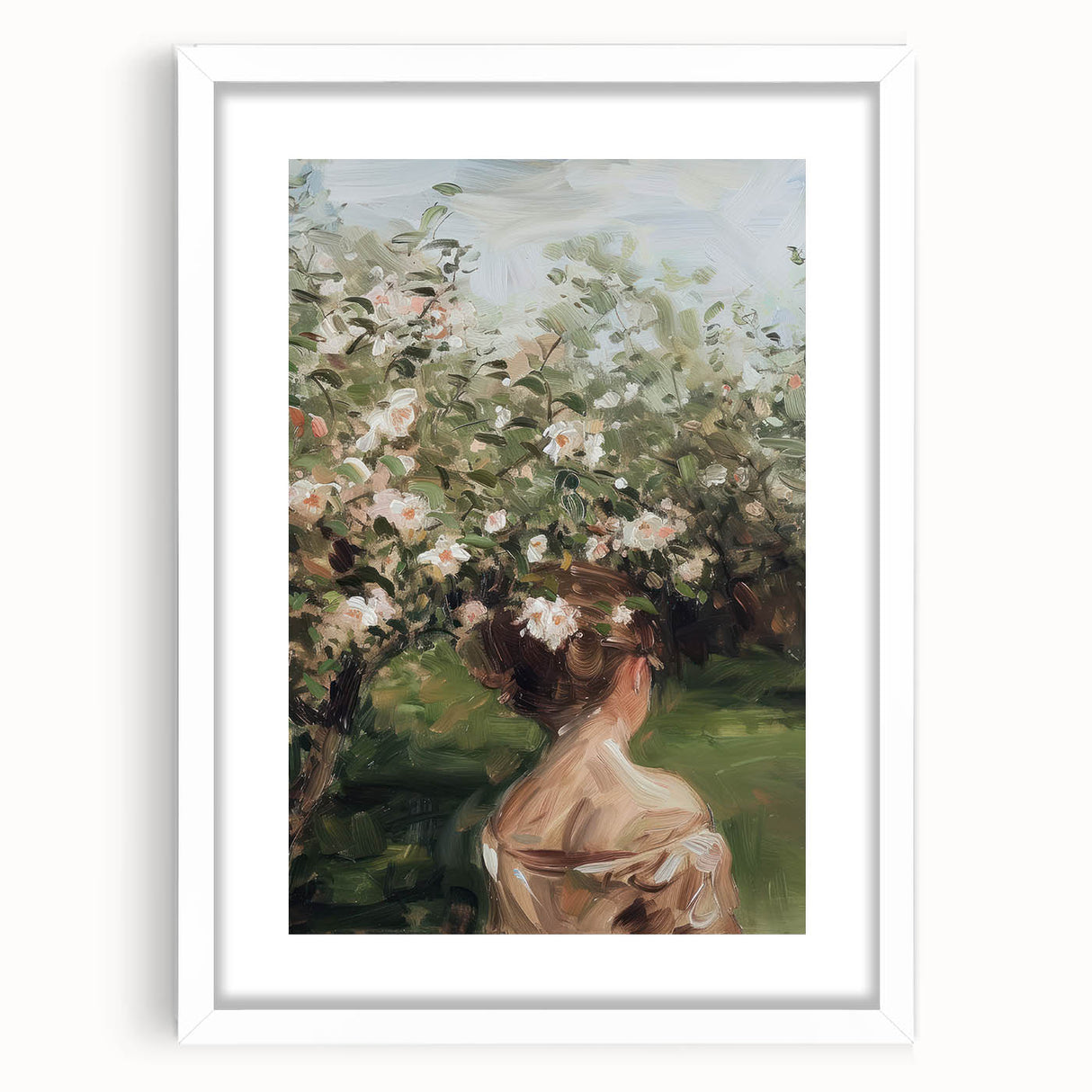 Abstract figurative frame with a white mat, showcasing a modern art piece. The artwork features vibrant colors and dynamic shapes, perfect for contemporary decor.