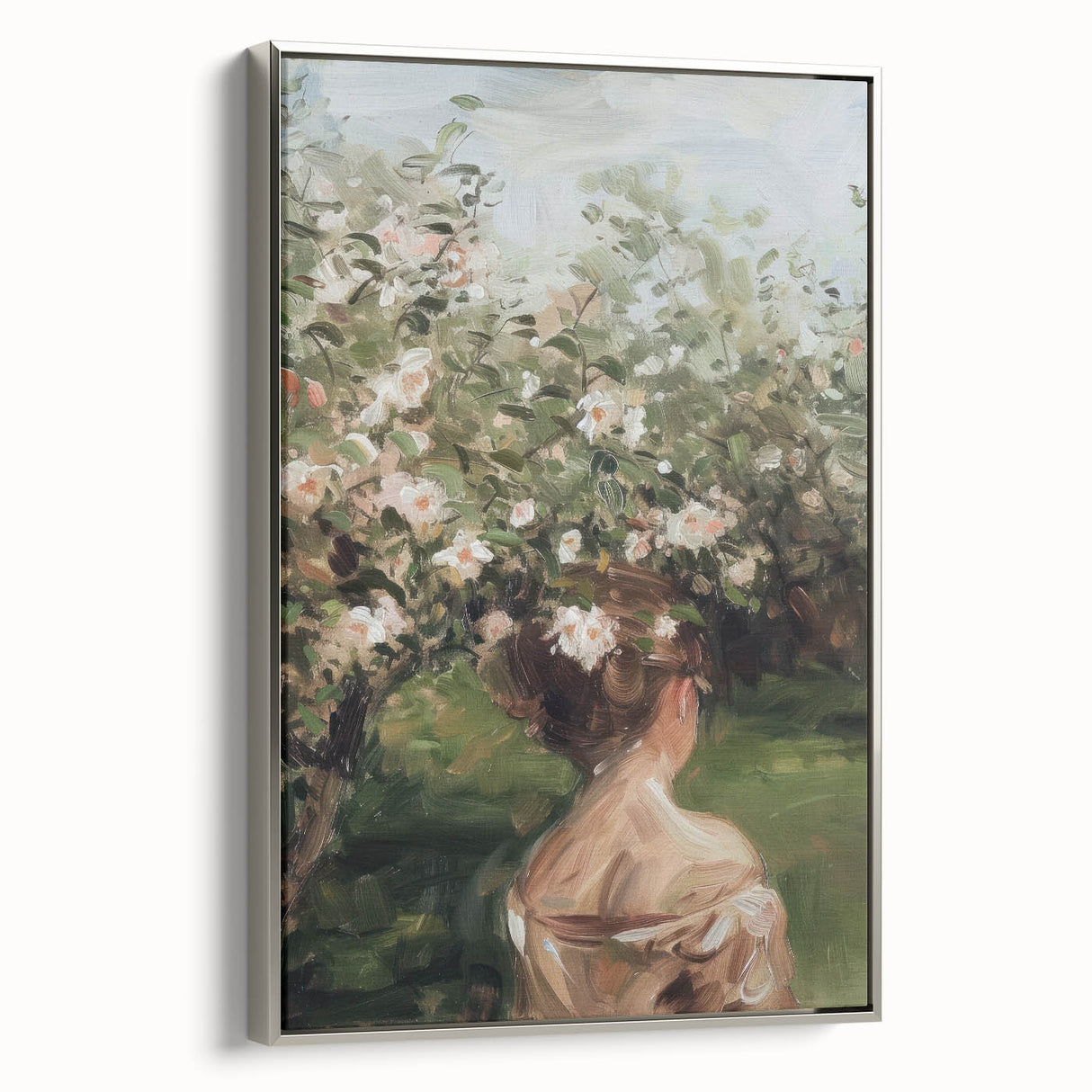 Framed abstract figurative canvas artwork with a silver frame, showcasing vibrant colors and intricate details, ideal for modern home decor and artistic expression.