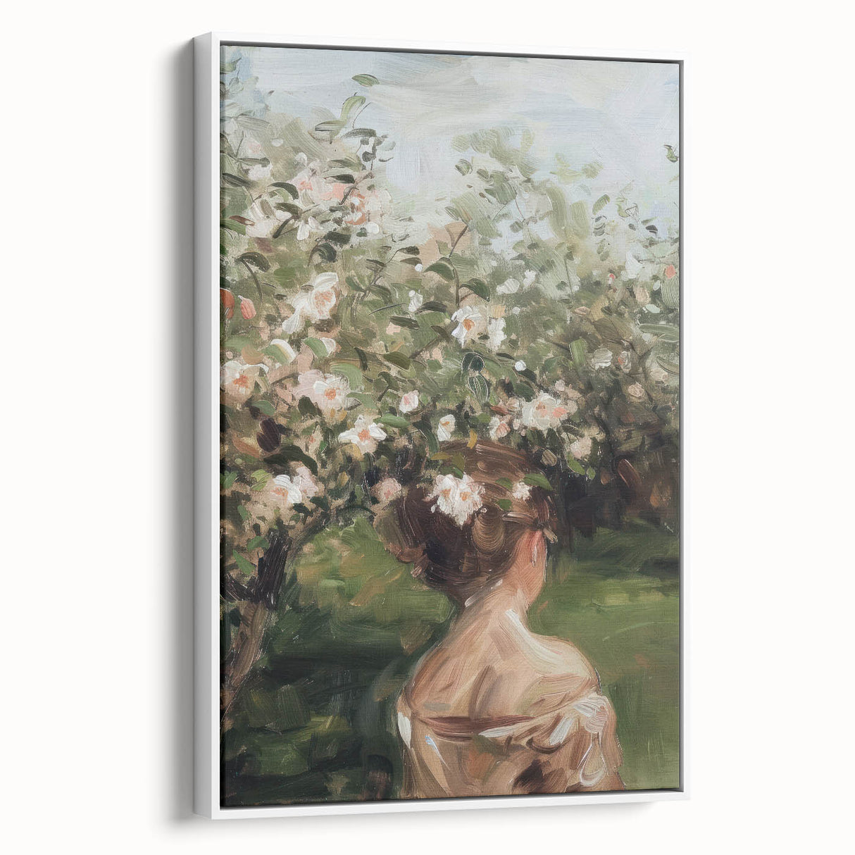 Abstract figurative framed canvas artwork showcasing vibrant colors and dynamic shapes, displayed in a modern white frame, perfect for contemporary home decor.