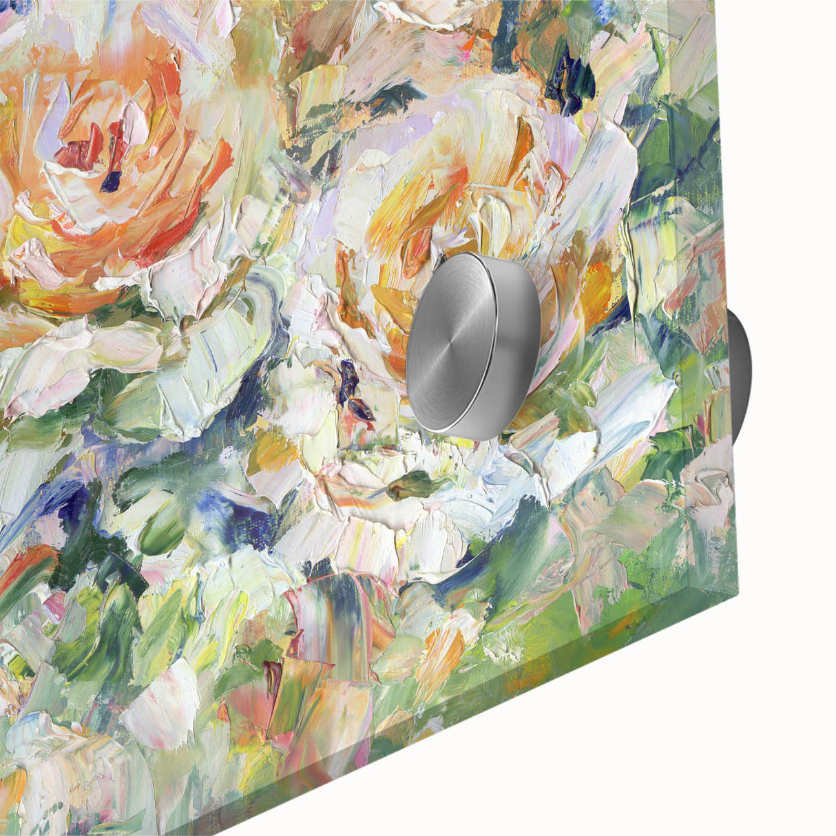 Close-up view of an abstract floral design on acrylic glass, showcasing vibrant colors and intricate details, perfect for modern home decor or artistic displays.