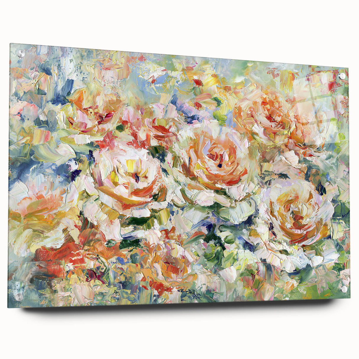 Abstract floral acrylic glass artwork showcasing vibrant colors and intricate designs, displayed in a side view with decorative pins for mounting. Ideal for modern decor.