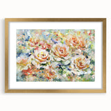 Abstract floral frame artwork with a gold mat, showcasing vibrant colors and intricate designs, ideal for home decor or interior styling. Perfect for adding elegance to any room.