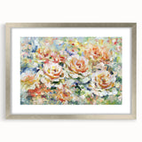 Abstract floral artwork framed in a silver mat, showcasing vibrant colors and intricate designs, perfect for home decor or artistic display.