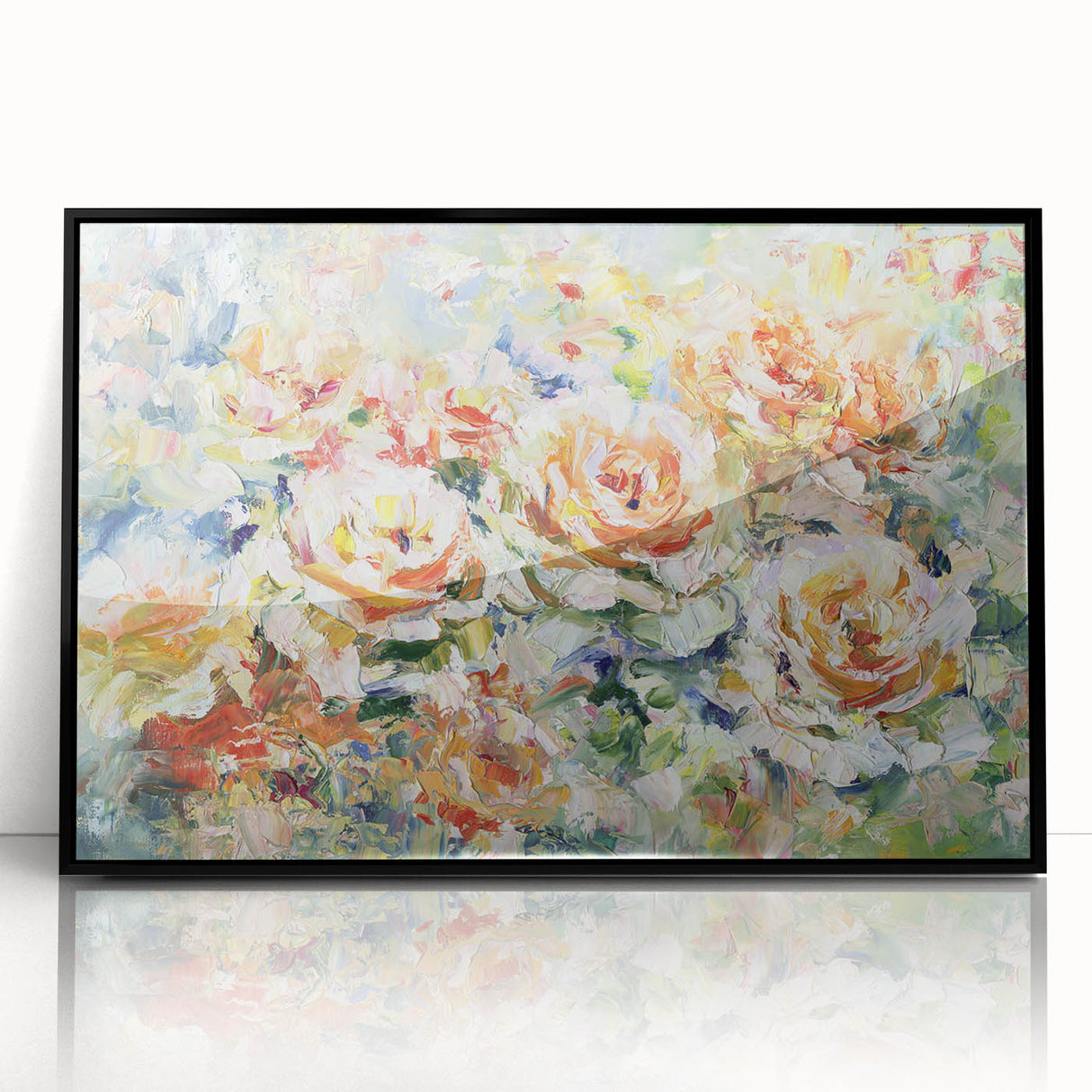 Framed acrylic artwork showcasing vibrant abstract floral designs in shades of blue, pink, and green, set against a sleek black frame, ideal for modern home decor.