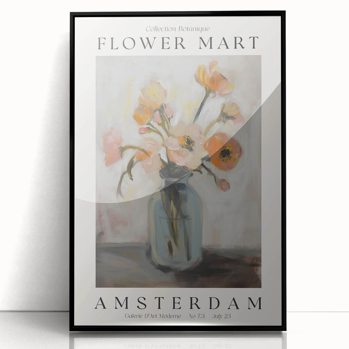 Framed acrylic artwork showcasing vibrant abstract florals in bold colors, set against a sleek black frame, perfect for modern home decor and stylish interiors.