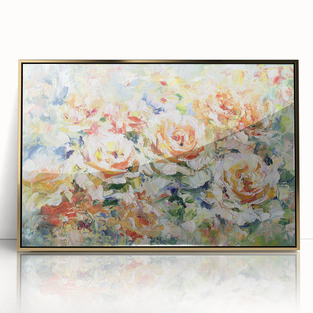 Abstract floral wall art framed in gold acrylic, showcasing vibrant colors and intricate patterns, perfect for modern home decor and art enthusiasts.