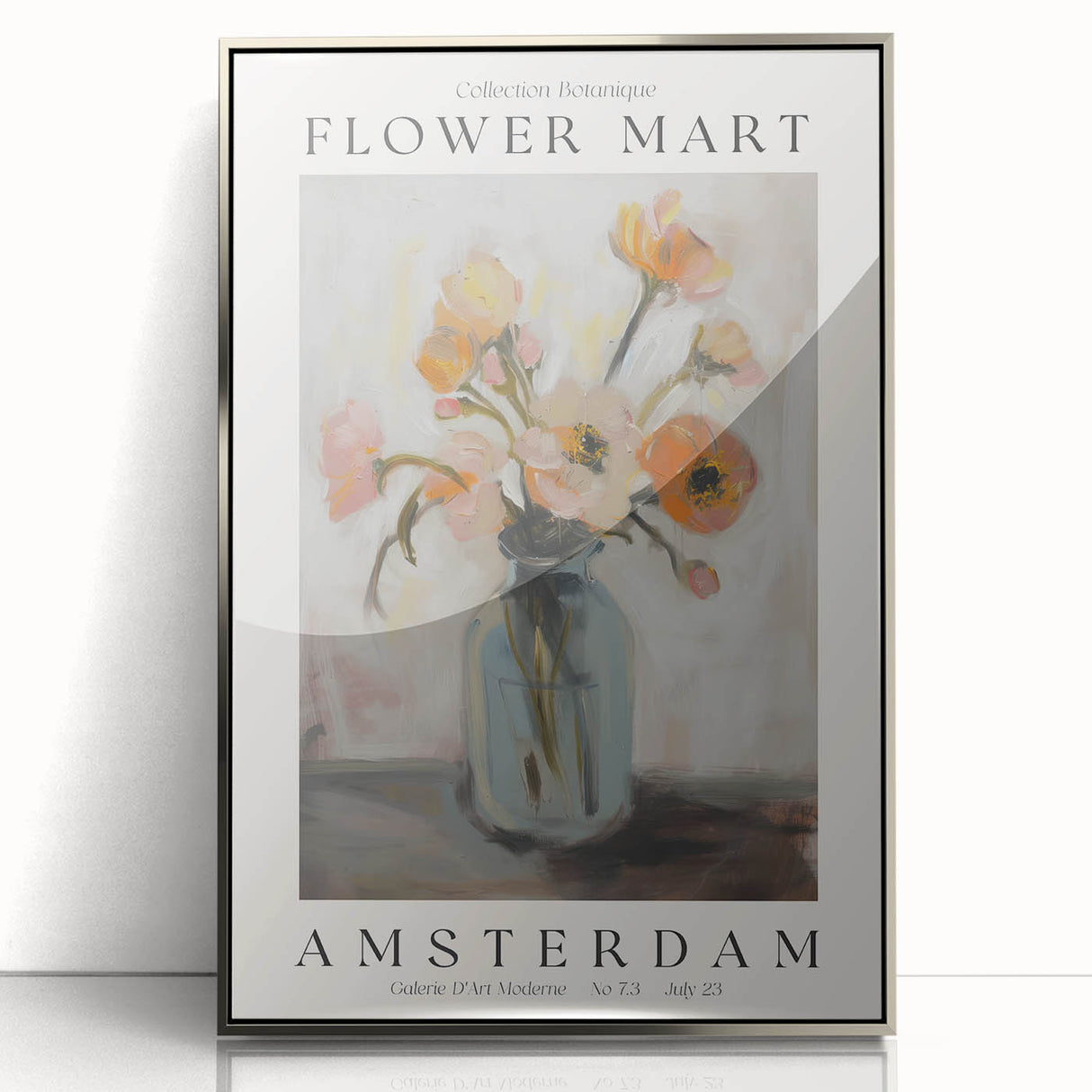 Framed acrylic artwork showcasing vibrant abstract floral designs in shades of blue, pink, and gold, ideal for modern home decor. Silver frame enhances elegance.