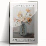 Framed acrylic artwork showcasing vibrant abstract floral designs in shades of blue, pink, and gold, ideal for modern home decor. Silver frame enhances elegance.