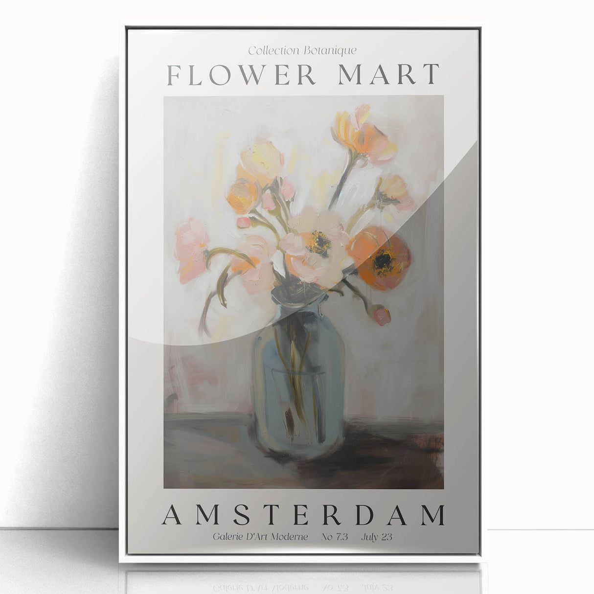 Framed acrylic artwork showcasing vibrant abstract floral designs in shades of pink, blue, and green, set against a sleek white background for modern decor.