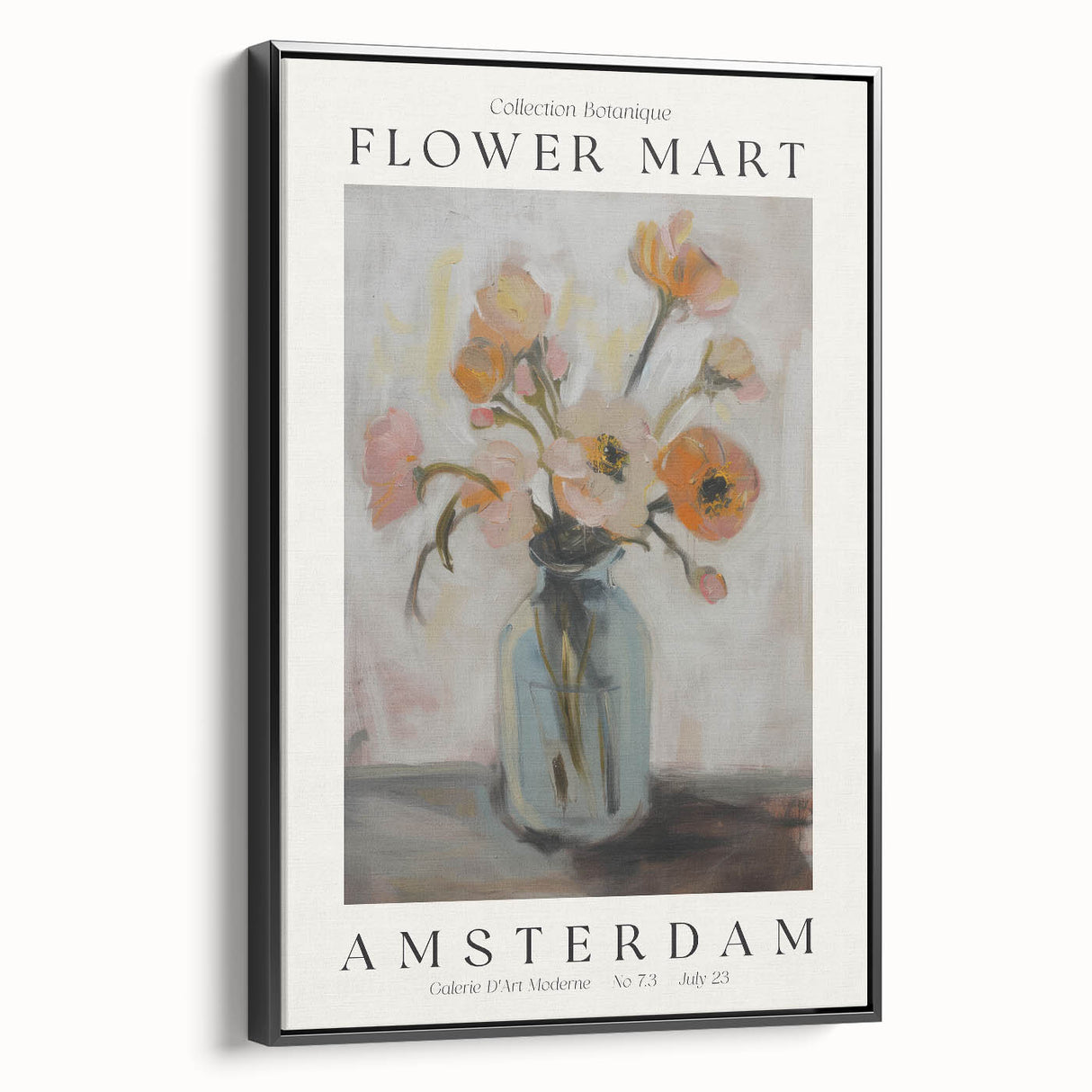 Framed canvas artwork showcasing vibrant abstract floral designs with a black border, ideal for modern home decor. Side view highlights its stylish presentation.