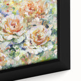 Close-up of a framed canvas showcasing vibrant abstract floral designs in pastel colors, perfect for modern home decor or artistic statement pieces.