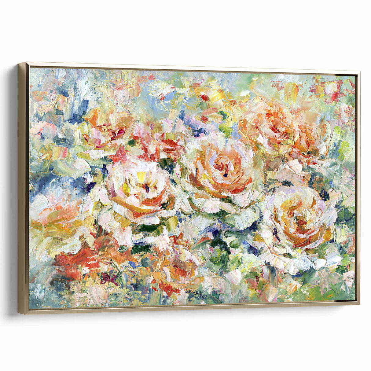 Framed canvas artwork showcasing an abstract floral design with gold accents, elegantly displayed in a modern setting, enhancing contemporary decor aesthetics.