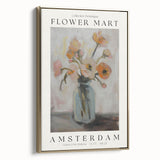 Framed canvas artwork showcasing an abstract floral design with gold accents, featuring vibrant colors and intricate details, ideal for modern home decor.