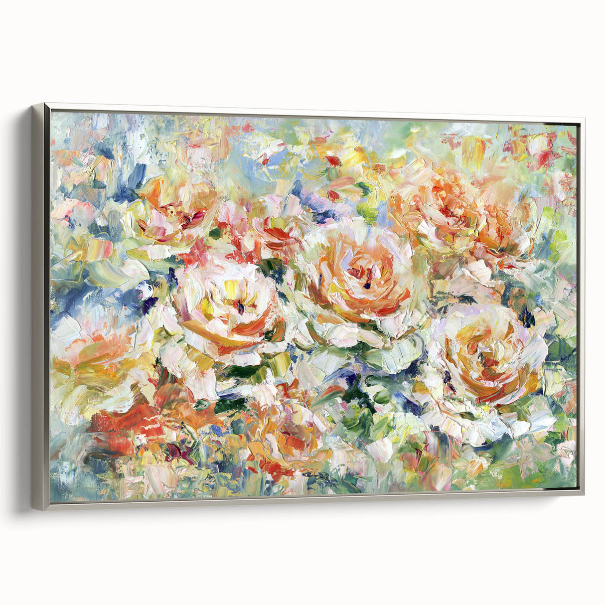 Framed canvas artwork showcasing abstract floral designs in vibrant colors, set against a silver frame, ideal for modern home decor and enhancing interior aesthetics.