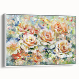 Framed canvas artwork showcasing vibrant abstract florals in soft pastels with a white border, perfect for modern home decor and artistic expressions. Ideal for enhancing living spaces or office interiors with a touch of elegance and color.