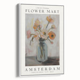 Framed canvas artwork showcasing a vibrant abstract floral design with bold colors, viewed from the side, perfect for modern home decor.