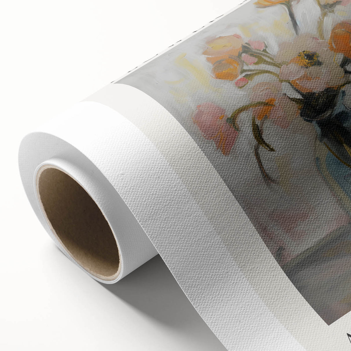 Abstract floral design on a rolled canvas, showcasing vibrant colors and intricate patterns, ideal for home decor or artistic displays. Packaged securely in a cardboard tube for safe shipping.