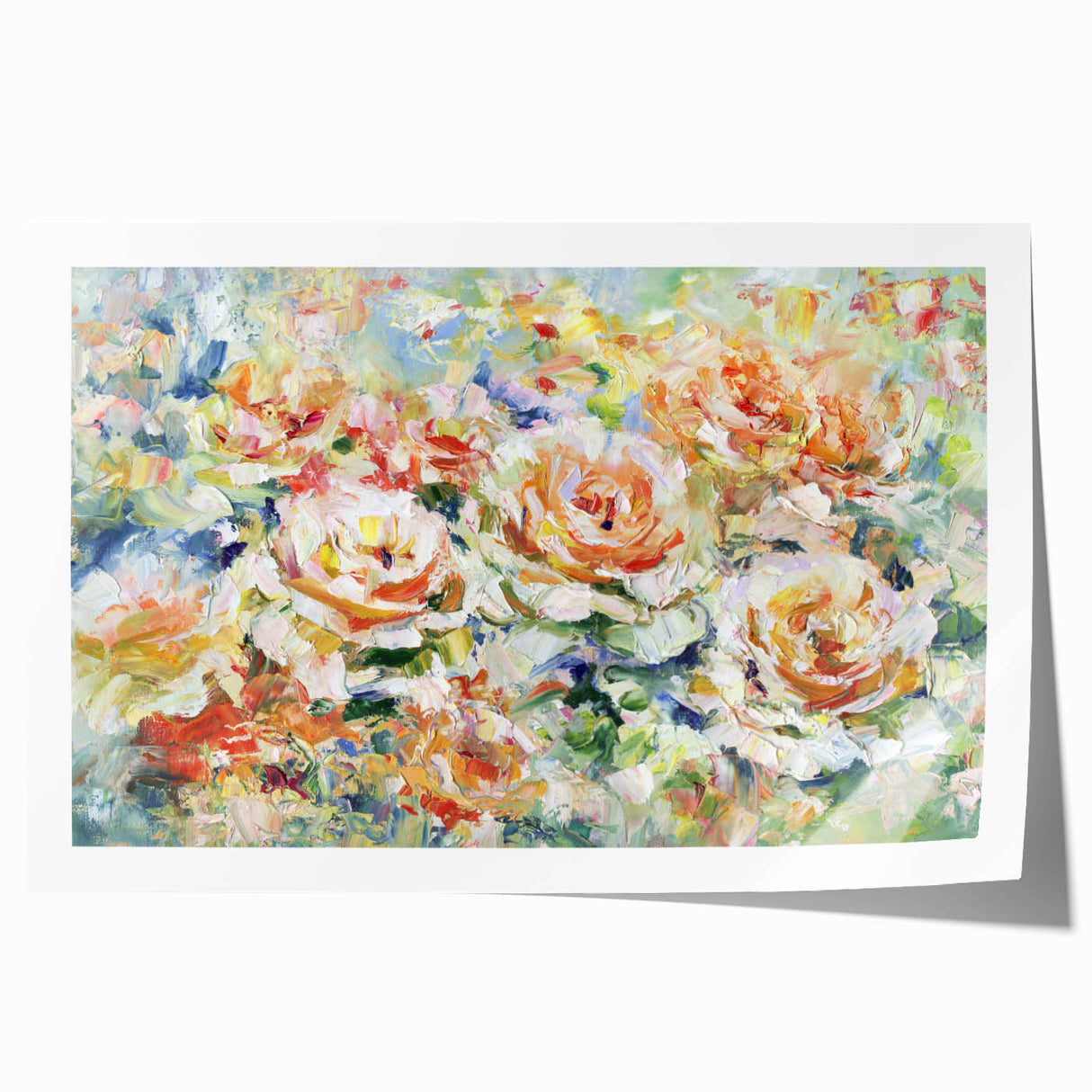 Abstract floral design rolled print showcasing vibrant colors of pink, blue, and green, elegantly packaged in a protective cardboard tube for safe shipping. This artwork adds a modern touch to home decor, perfect for floral-themed interiors.